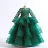 4-14T Kid Girl Long Sleeve Mesh Fluffy Princess Piano Host Birthday Dresses