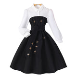 Girls' Long-sleeved Lapel Button-splicing Fashionable Contrasting Simple Dress