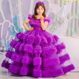 Kid Girl Formal Mesh Performance Purple Pleated Cake Dresses
