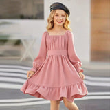 Kid Girl Square Collar Horn Long-sleeved Ruffle Big Swing Dresses