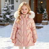 Girls' Winter New Cotton Clothes Children's Bright Leather Leave-in Hooded Cotton Jacket
