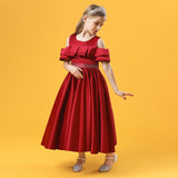 Kid Girl Satin Princess Pleated Long Detachable Temperament Hosting Dresses