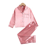 5-12T Kid Girl Solid Color Long-sleeve Imitation Silk Pajamas