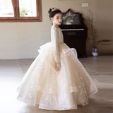 2-12T Kid Girl Champagne Long-sleeved Catwalk Puffy Gauze Dresses