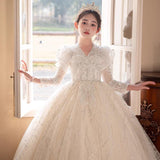 2-12T Kid Girls Luxury Flower Wedding Princess Host Piano Performance Dress