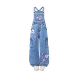 7-12Y Kid Girl Flower Embroidered Denim Overalls Casual Personality Jumpsuit Pants