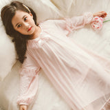 Kid Girl Cute Nightdress Pink Long-sleeved Bow Soft Mesh Gauze Pajamas