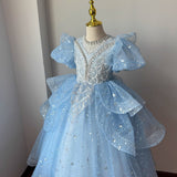 Kid Girl Blue Princess Fluffy Yarn Birthday Host Catwalk Dresses