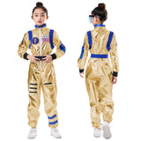 Kid Boy Girl Golden Glossy Astronaut Jumpsuit Halloween Party Suits 2 Pcs Sets