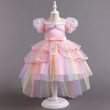 Kid Girls Colorful Mesh Trailing  Bubble-sleeved Dresses