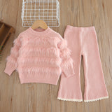 1-6T Kid Baby Girl Knitted Flared Long-sleeved Suit 2 Pcs Set
