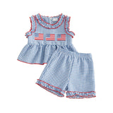 Baby Girl Summer Independence Day Flag Embroidered Sleeveless Top Shorts 2 pcs Sets