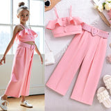 Kid Girl Summer Casual Ruffle Leaf Edge Solid 2 Pcs Set
