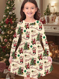 3-10T Kid Girl Flower Long Sleeve Crew Neck Spring Autumn Dresses