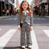 Black and White Striped Polo Collar Long-sleeved Women's Korean Version Short Long-sleeved Two-piece Set