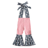 Kid Baby Girl Independence Day Flower Stripe Printed Neck Tie-Up Flared Pants