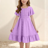 4-14T Kid Girl Sleeveless Square Neck Pleated Backless Short Dress