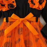 3-8Y Halloween Kid Girls Strip Pumpkin Bat Print Mesh Dresses