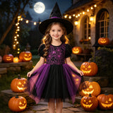 Girls' Halloween New Short-sleeved Spider Web Dress Black Purple Party Dress