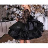 Kid Girl Black Sequined Princess Backless Host Long-sleeved Dresses