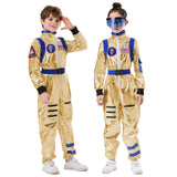 Kid Boy Girl Golden Glossy Astronaut Jumpsuit Halloween Party Suits 2 Pcs Sets