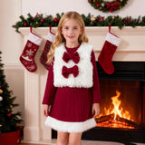 5-14Y Kid Girls Winter Christmas Red White Plush 2 Pcs Set