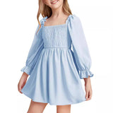 Kid Girl Square Neck Lantern Sleeve Ruffle High Waist Lace Dresses
