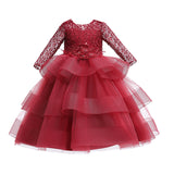 4-14T Kid Girl Long Sleeve Mesh Fluffy Princess Piano Host Birthday Dresses