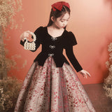 Kid Girl Spring French Velvet Bubble Sleeve Princess Piano Dresses
