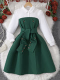 Girls' Long-sleeved Lapel Button-splicing Fashionable Contrasting Simple Dress