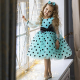 Kid Girl Autumn Long-sleeved Polka Bow Mesh Gauze Dresses