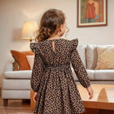 Leopard Print Long Sleeve Drip Neck Small Fly Sleeve Long Sleeve Ruffled Simple Dress