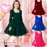 Kid Girls Long-sleeved Star Bow Belt Princess Dresses