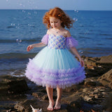 Kid Girls Mermaid Birthday Party Bubble Sleeve Cosplay Costume Dress