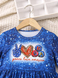 Kid Girls Summer Independence Day Peace Love Full Print 3 Pcs Set