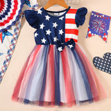 Independence Day Kid Baby Girl Star Stripe Print Fly-sleeved Mesh Dress