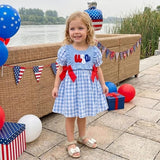 Independence Day Kid Baby Girl Summer Blue Plaid Embroidered Dress