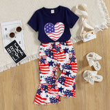 Kid Baby Girl American Independence Day Star Printing Short Sleeve Flared 2 Pcs Set