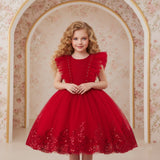 Kid Girl Princess Wedding Flower Mesh Embroidered Sequins Dress