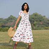 Family Matching  Butterfly Printing Bubble Sleeves Elegant Long Dresses