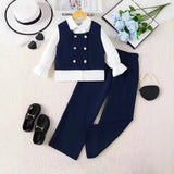 5-14Y Kid Girl Suit Dark Blue White Long-sleeved Suit 3 Pcs Set