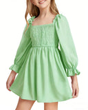 Kid Girl Square Neck Lantern Sleeve Ruffle High Waist Lace Dresses