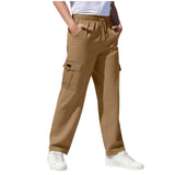 Boys Straight Elastic Waist Loose Lace-up Casual Pants Fashion Solid Color Pocket Tooling Trousers