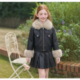 2-10T Kid Girls Leather Fur Collar Jacket Pleated Suits 2 Pcs Set