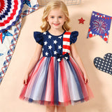 Independence Day Kid Baby Girl Star Stripe Print Fly-sleeved Mesh Dress