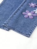 7-12Y Kid Girl Flower Embroidered Denim Overalls Casual Personality Jumpsuit Pants