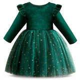 Kid Girls Long Sleeve Flying Sleeve Star Sequin Mesh Princess Dresses