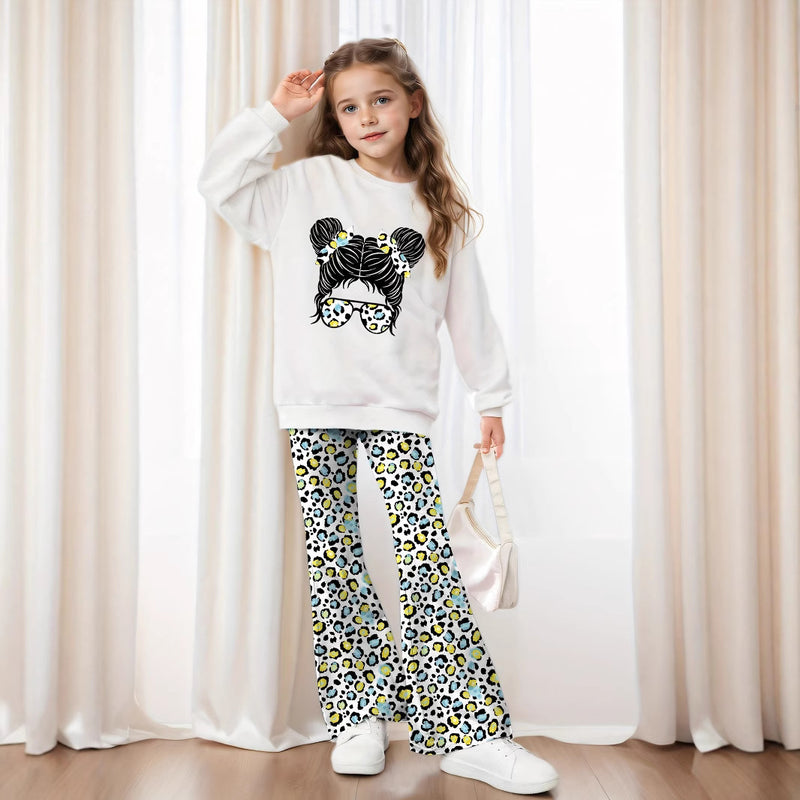 5-14Y Kid INS Girls  Print Leopard Flared Casual Suit 2 Pcs/Set
