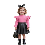 Children's Clothing Girls' Turtleneck Knitted Ribbed Long-sleeved Top Pleated Leather Skirt Two-piece Set