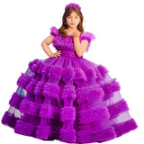 Kid Girl Formal Mesh Performance Purple Pleated Cake Dresses
